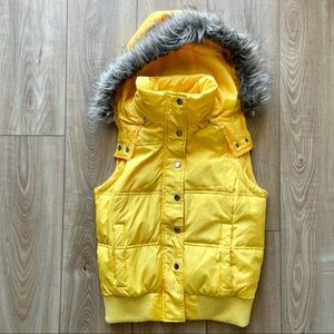 Faux Fur Yellow Winter Ski Vest w/ Removable Hood and Down Feathers